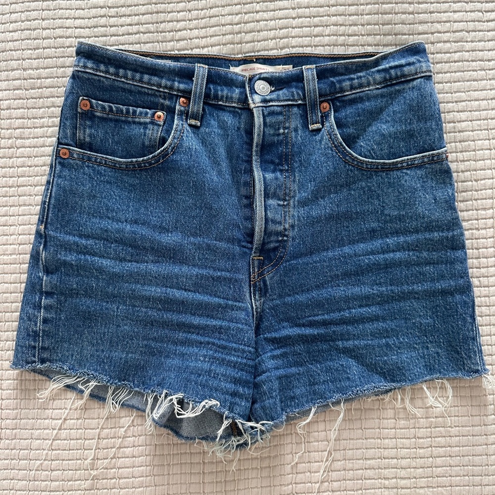 Levi's Blue Jean Shorts High-Waisted Frayed Hem